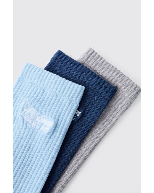 Pack De 3 Pares De Calcetines Deportivos Con Bordado Man Y Rayas BoohooMAN de color Blue
