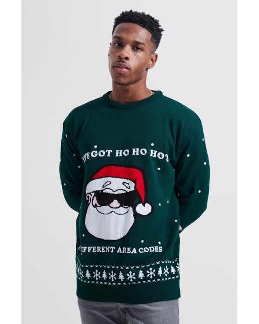 BoohooMAN Ho's In Area Codes Christmas Sweater in Green for Men | Lyst