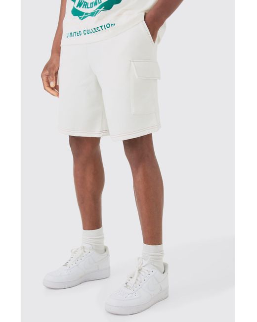 BoohooMAN White Loose Fit Mid Length Contrast Stitch Cargo Short for men