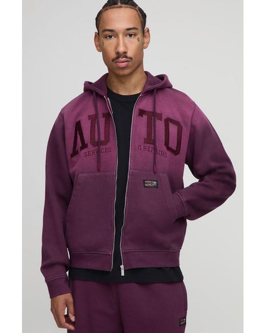 BoohooMAN Men's Purple Burgundy Boxy Embroidered Spray Wash Zip Through Hoodie