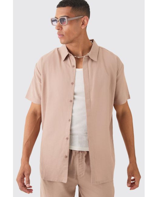 BoohooMAN Oversized Linen Concealed Placket Shirt in Natural für Herren