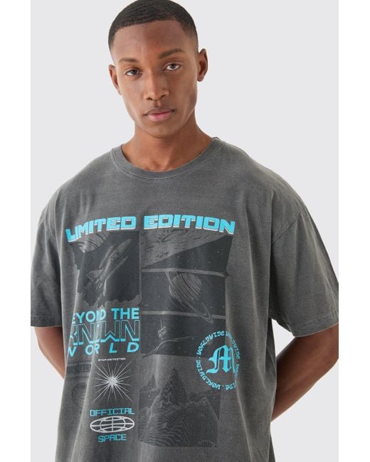 BoohooMAN Gray Oversized Wash Limited Edition Space T-shirt for men