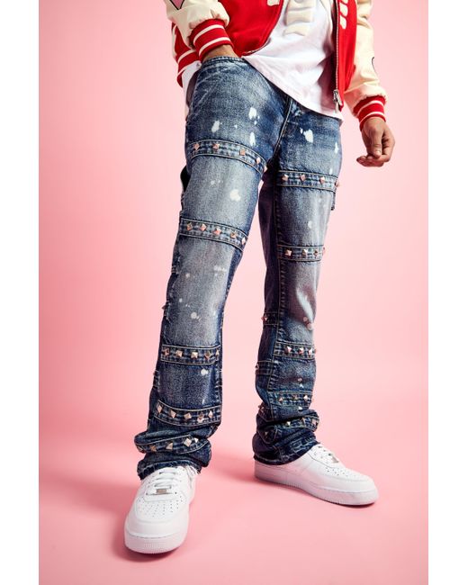 BoohooMAN Blue Slim Rigid Flare Embellished Strap Detail Jeans for men