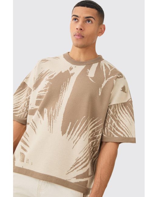 BoohooMAN Oversized Tonal Abstract Drawing Knitted T-shirt in Natural für Herren