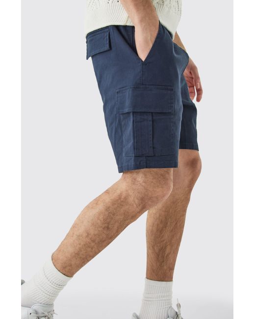 BoohooMAN Blue Elastic Waist Navy Slim Fit Cargo Shorts for men