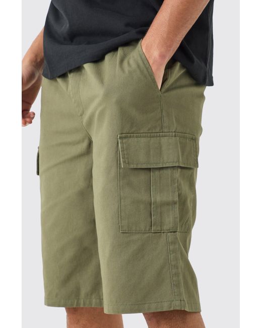 BoohooMAN Green Elastic Waist Khaki Relaxed Fit Longer Length Cargo Shorts for men