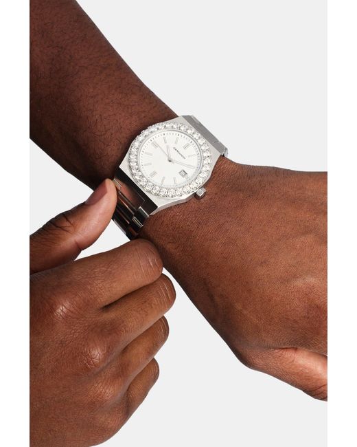 BoohooMAN Gray Cernucci Cernucci Iced Bezel Watch for men