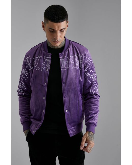 BoohooMAN Tonal Worldwide Varsity Jacket in Purple for Men Lyst