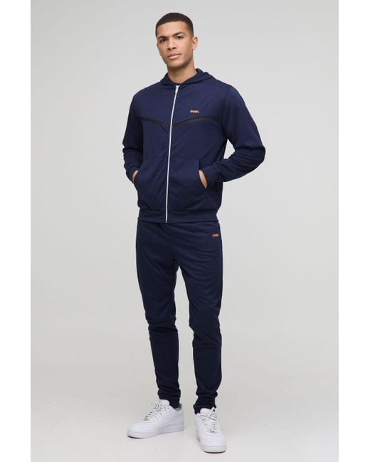 BoohooMAN Blue Regular Fit Interlock Panelled Hooded Zip Through Tracksuit for men