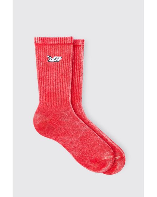 BoohooMAN Acid Wash Bm Embroidered Socks In Red for men