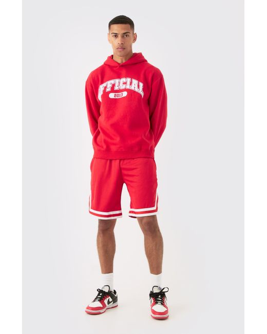 BoohooMAN Red Oversized Official Varsity Hoodie And Basketball Short Set for men