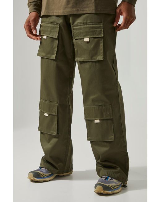 BoohooMAN Green Active Twill Wide Leg Cargo Trousers for men