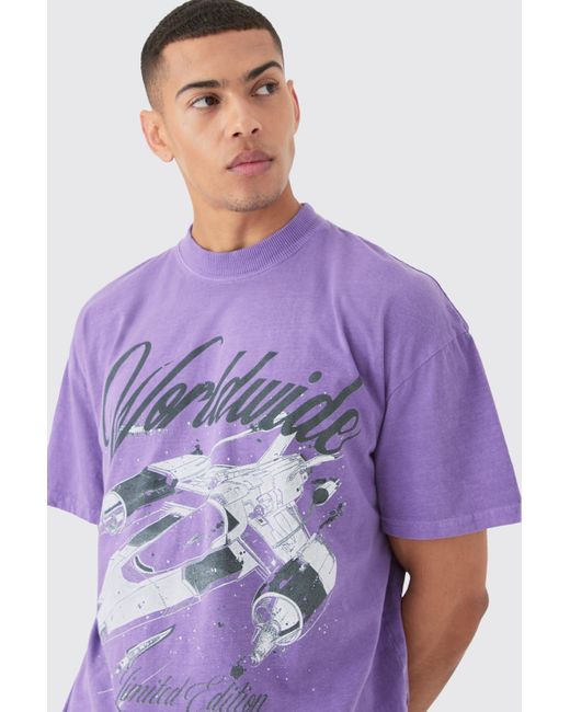 BoohooMAN Purple Oversized Spaceship Graphic Wash T-shirt for men