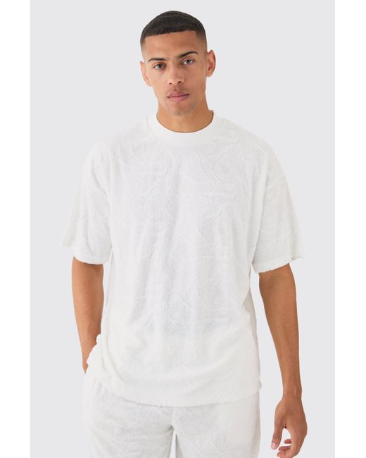 BoohooMAN White Oversized Burnout Towelling Jacquard T-shirt for men