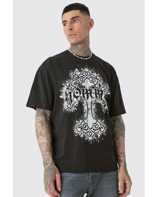 BoohooMAN Tall Oversized Homme Cross Front & Back Print T-shirt in Black für Herren