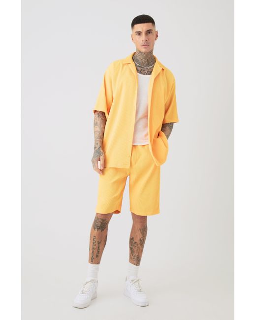 BoohooMAN Tall Oversized Pleated Shirt & Short Set In Yellow für Herren