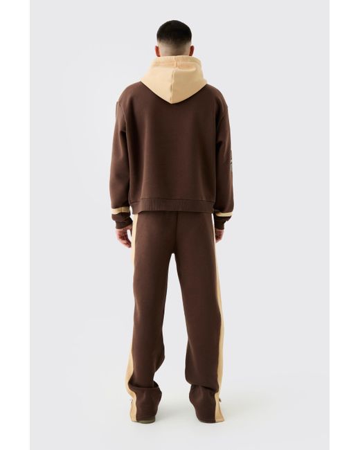BoohooMAN Brown Oversized Boxy Applique Moto Hooded Tracksuit for men