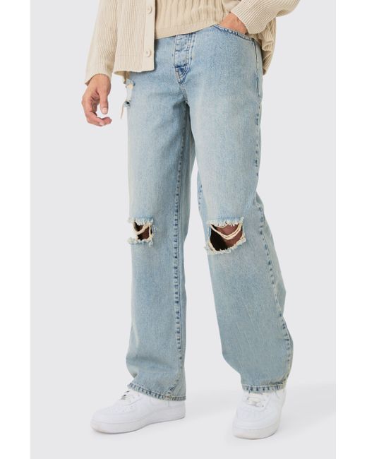Boohoo Baggy Rigid Ripped Knee Jeans In Washed Light Blue