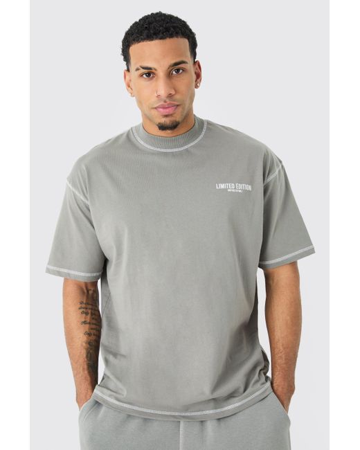 BoohooMAN Gray Oversized Limited Edition Contrast Stitch T-shirt for men