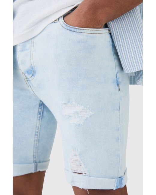 BoohooMAN White Skinny Stretch Distressed Denim Shorts In Ice Blue for men