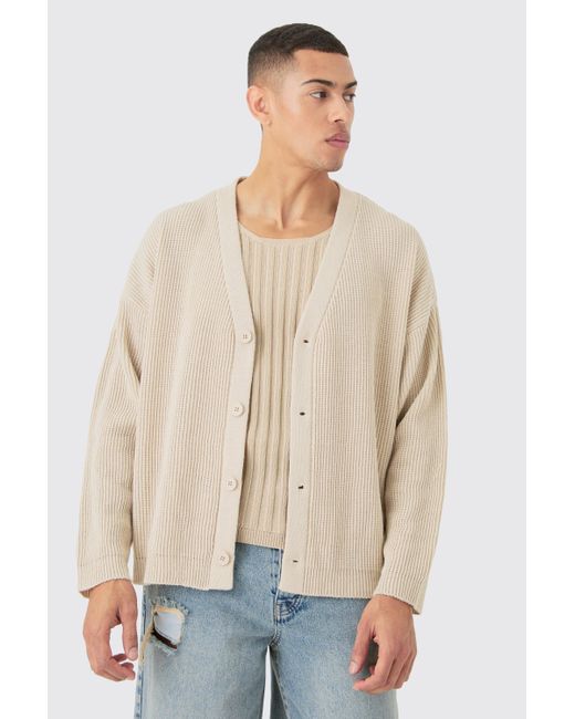BoohooMAN Boxy Oversized Ribbed Knit Cardigan in Natural für Herren