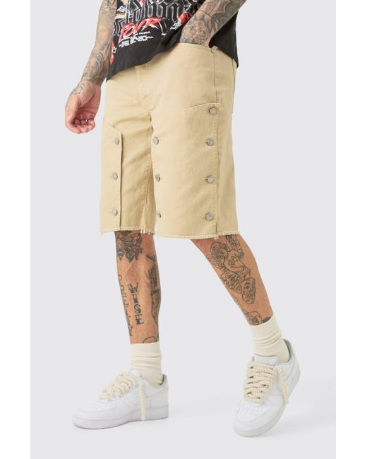 BoohooMAN Tall Fixed Wasit Washed Twill Carpenter Relaxed Short in Natural für Herren