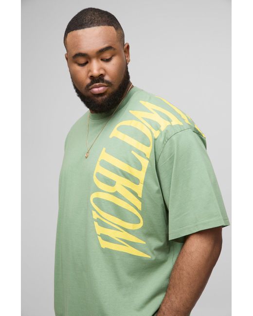 BoohooMAN Green Plus Oversized Worldwide Over Seam Print T-Shirt & Short Set for men