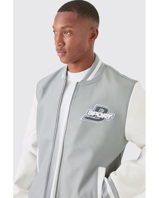 BoohooMAN Gray Pu Badge Varsity Jacket for men