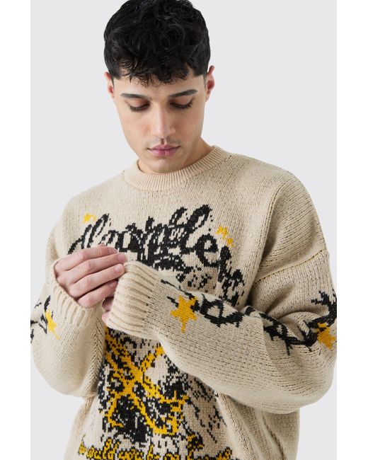 BoohooMAN Oversized Boxy Brushed Graphic Knitted Jumper in Gray für Herren