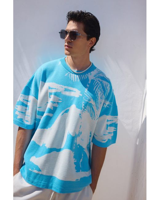 BoohooMAN Blue Oversized Line Scenic Knitted T-shirt for men