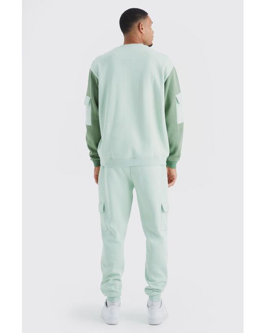 BoohooMAN Green Tall Oversized Colour Block Cargo Tracksuit for men