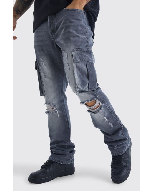 BoohooMAN Slim Flare Rigid Ripped Cargo Pocket Jean in Blue for Men