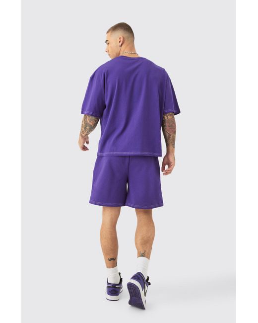 BoohooMAN Oversized Boxy Contrast Stitch Puff Print T-shirt & Short Set in Purple für Herren