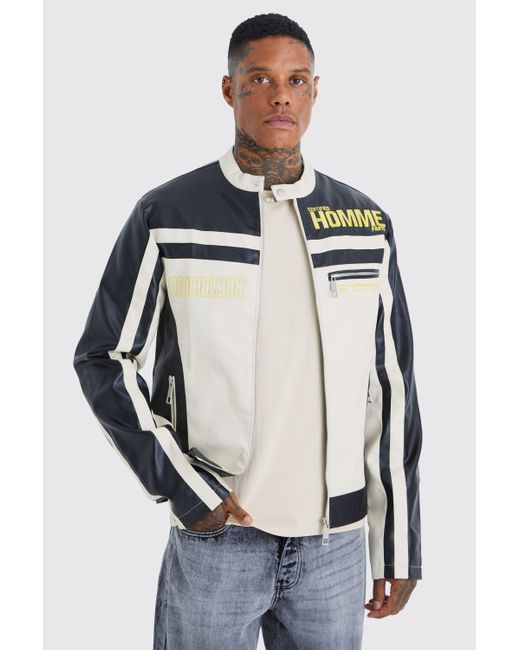 BoohooMAN White Pu Panelled Moto Biker Jacket With Badges for men