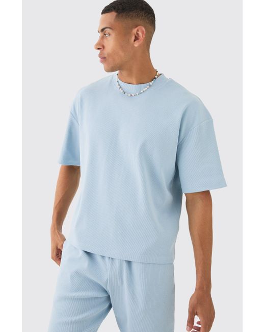BoohooMAN Blue Oversized Boxy Heavyweight Ribbed T-shirt & Shorts for men