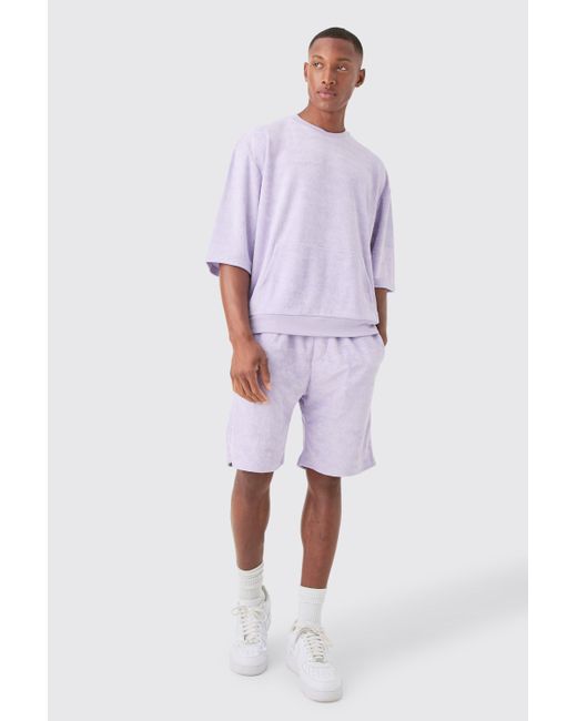 BoohooMAN Purple Short Sleeve Oversized Boxy Towelling Sweat Short Tracksuit for men