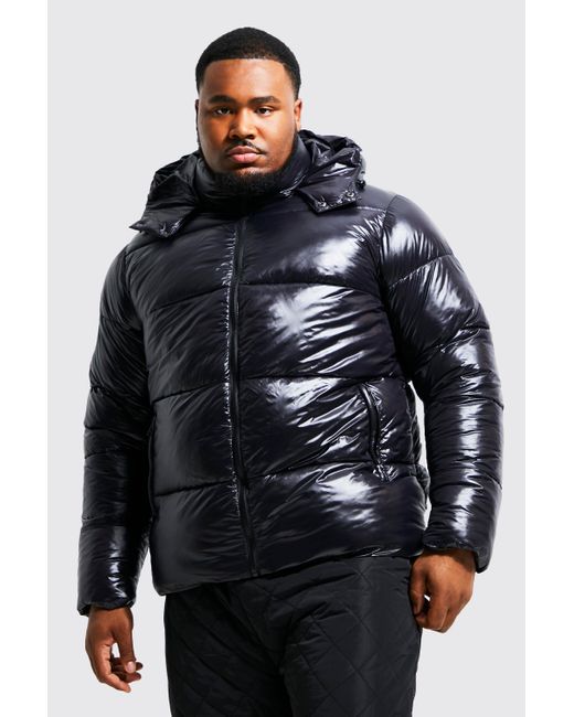 BoohooMAN Denim Plus High Shine Puffer Jacket in Black (Blue) for Men