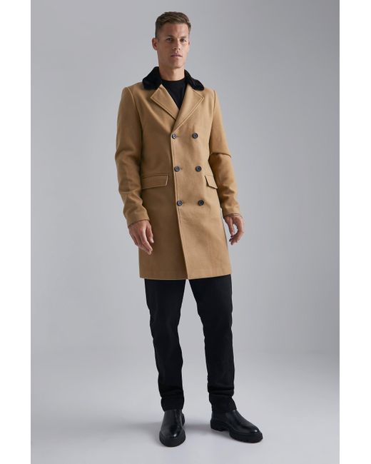 BoohooMAN Brown Tall Double Breasted Faux Fur Overcoat for men