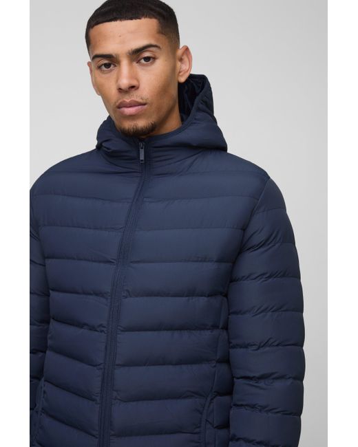 BoohooMAN Blue Quilted Zip Through Hooded Jacket In Navy for men