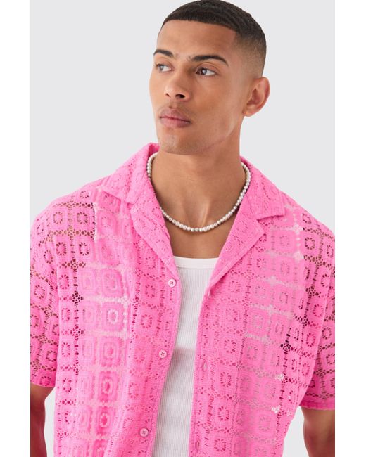 BoohooMAN Oversized Open Weave Lace Shirt & Short in Pink für Herren