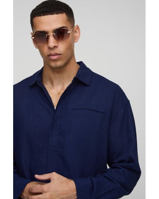 BoohooMAN Oversize Leinen-Overshirt mit verdeckter Knopfleiste in Blue für Herren