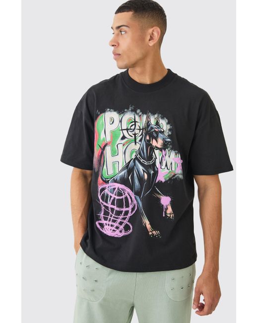 BoohooMAN Black Oversized Extended Neck Dog Graffiti T-shirt for men