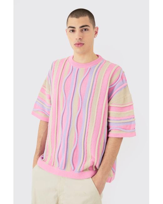 BoohooMAN Pink Oversized 3d Jacquard Knit T-shirt for men