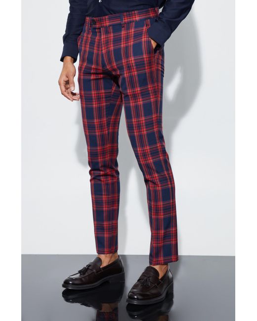 BoohooMAN Purple Skinny Fit Tartan Suit Trousers for men