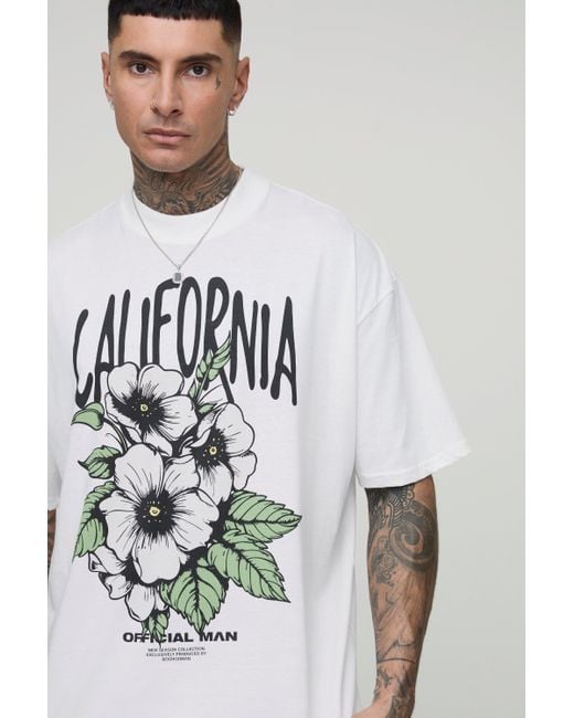 BoohooMAN White Tall Oversized Extended Neck California Floral Print T-shirt for men