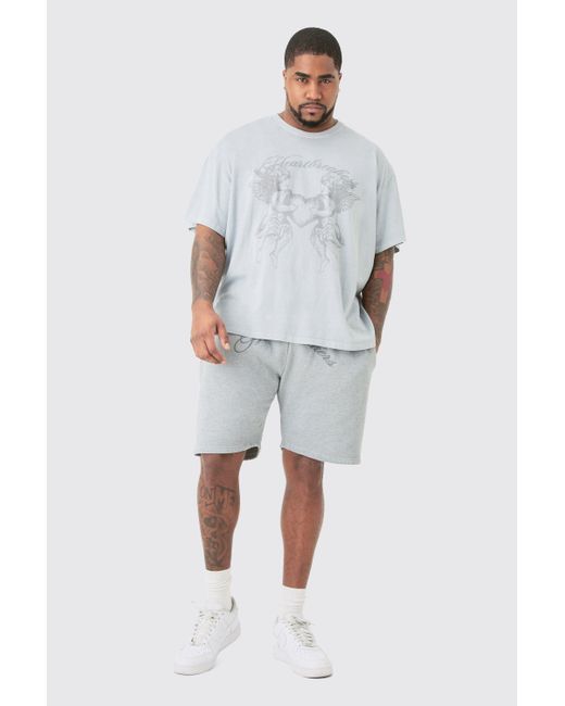 BoohooMAN Gray Plus Oversized Hearbreakers Shorts In Grey for men