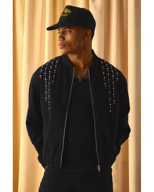 BoohooMAN Black Boxy Embellished Denim Bomber Jacket for men