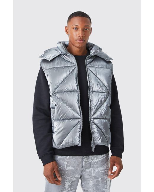 BoohooMAN Gray Metallic Quilted Gilet With Hood for men