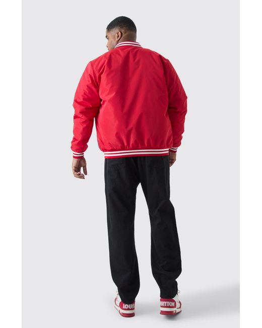 BoohooMAN Red Plus Nylon Varsity Jacket With Badges for men