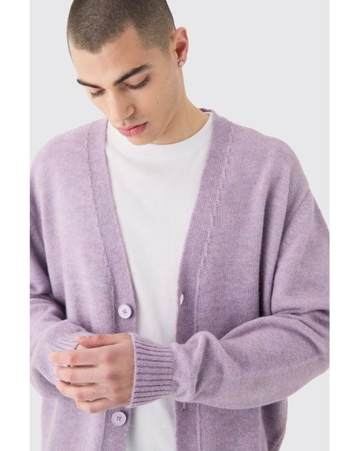 BoohooMAN Purple Boxy Brushed Knit Cardigan In Lilac for men